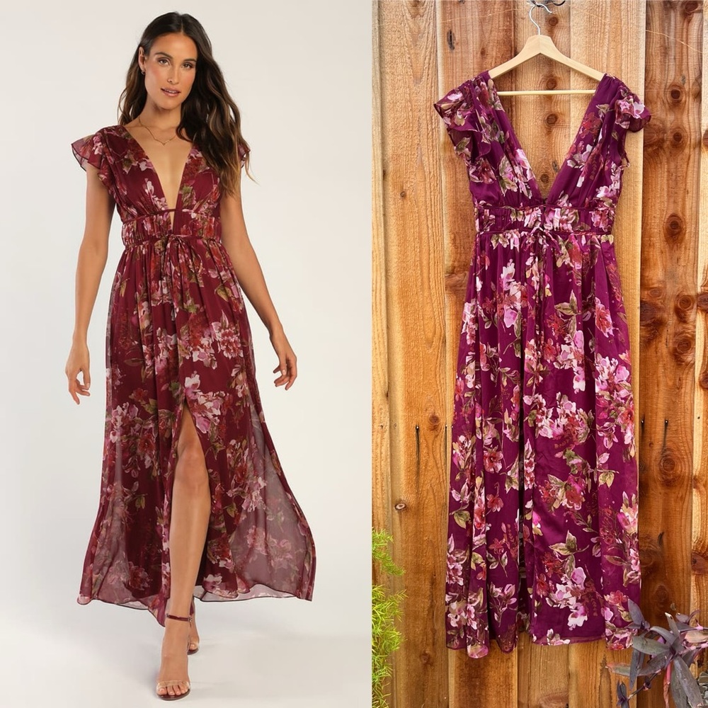 Burgundy Pink Floral Print Ruffled V-Neck Maxi Dress 🌿